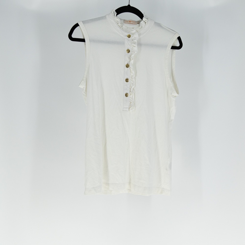 Tory Burch Cotton Stretch Sleeveless Ruffle Collar Logo Button Blouse White L